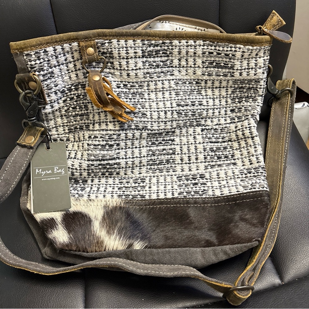 Myra Bag Textured Black, White, and Brown Shoulder Bag - Picture 1 of 5
